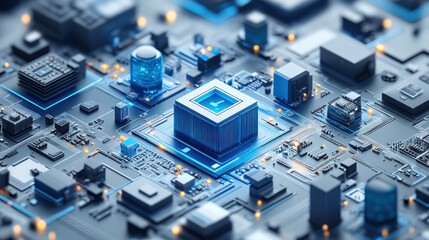 Poster - a microcircuit or central processing unit (CPU) located at the center of a complex computer circuit board. 