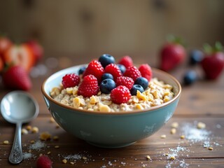 Wall Mural - A bowl of oatmeal topped with fresh berries and nuts