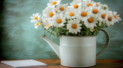 Poster - White Metal Watering Can with Fresh White Daisies on Wooden Table and Green Background : Generative AI