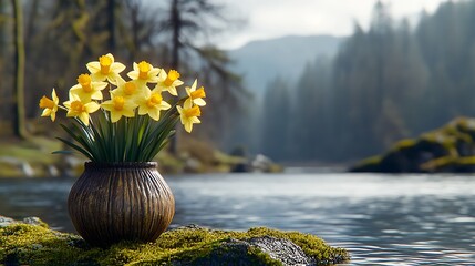 Poster - Yellow Daffodils in a Wooden Vase Overlooking a Scenic Mountain River : Generative AI