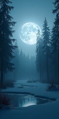 Poster - A serene winter wonderland, with a full moon casting a gentle glow on the snow-covered landscape