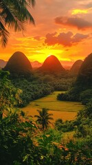 Wall Mural - Breathtaking Sunset Over Lush Green Chocolate Hills Landscape with Vibrant Orange Sky and Tropical Palm Trees in Scenic Nature Paradise