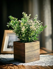 Poster - Elegant potted green plant with white flowers in a wooden cube pot on a wooden table : Generative AI