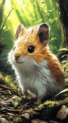 Wall Mural - Charming Forest Hamster Amidst Lush Greenery with Sunlight, Nature Wildlife Photograph, Cute Woodland Scene, Vibrant Leaves and Forest Floor Details