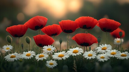 Poster - Charming Landscape of Vibrant Red Poppies and Daisies against a Soft Sunset : Generative AI