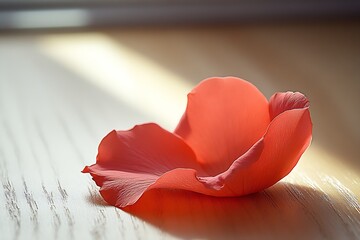 Poster - Close-up of Red Petal with Sunlight Highlighting Texture on Wooden Surface : Generative AI