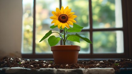 Poster - Vibrant Sunflower in Pot on Sunny Morning by Window for Home Decor Inspiration : Generative AI