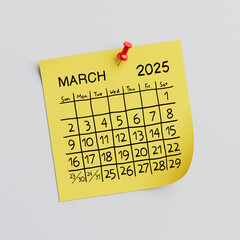 Poster - Yellow Note Paper with 2025 Year March Handwritten Calendar and Thumbtack Pin. 3d Rendering