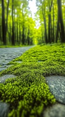 Poster - Peaceful Forest Pathway with Lush Green Moss and Filtered Sunlight : Generative AI