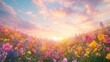 © Waraporn - Stunning landscape of a vibrant wildflower meadow bathed in the warm glow of a magical sunset  The field is filled with a lush colorful array of blooming flowers against a dreamy hazy sky with soft