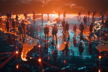 Poster - Global network connection, people silhouettes on world map.