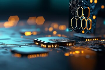Poster - Futuristic Circuit Board with Microchips and Glowing Patterns in Technological Environment