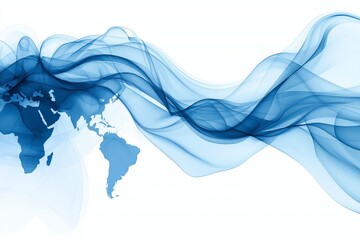 Poster - Elegant Flowing Blue Waves with World Map Silhouette in Background for Abstract Designs and Global Themes