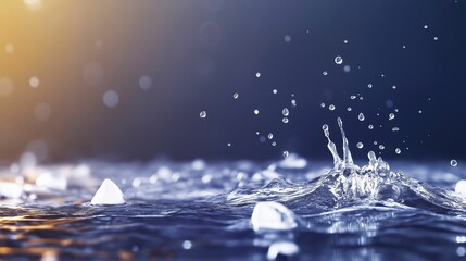 Poster - Serene Water Splash with Droplets in Calm Surface Against a Soft Glowing Background