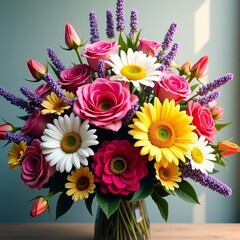 Poster - A vibrant bouquet of roses, daisies, and lavender in a clear vase