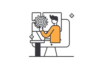 Poster - Person working on computer, solving problem with gear.