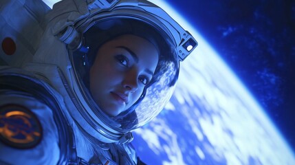Poster - A woman in a space suit gazes thoughtfully at Earth from the vastness of space. She embodies resilience and curiosity, symbolizing the bravery of those who explore beyond our planet.