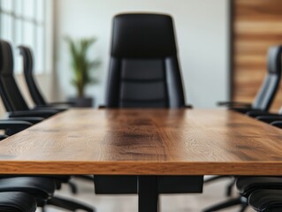 Poster - Close-up of wooden conference table with black chairs in modern office