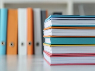 Poster - Stack of colorful books and folders sitting on office desk