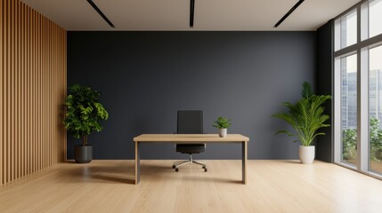 Poster - Modern office interior with wooden desk, black chair and plants enhancing the workspace ambiance