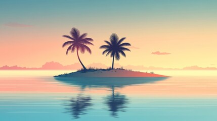 Poster - Serene sunset over a tropical island with two palm trees reflected in calm water.