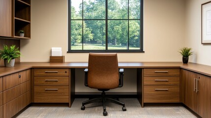 Poster - Empty desk inviting focus and productivity in quiet office setting with natural light