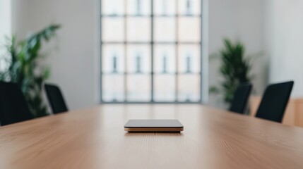 Poster - Closed laptop lying on meeting table in modern office