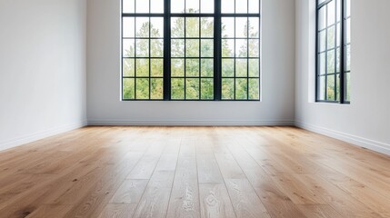 Aufkleber - Empty room with wooden floor and large windows overlooking trees