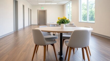 Poster - Empty round table and chairs in bright and airy workspace with natural light