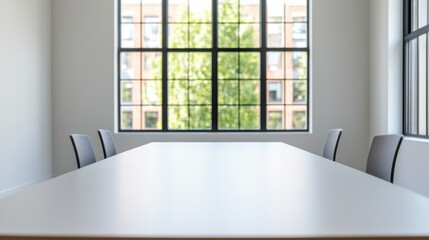 Poster - Empty meeting table facing large window in a tranquil office setup