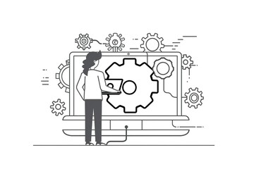 Poster - Person working on laptop with gears, system optimization