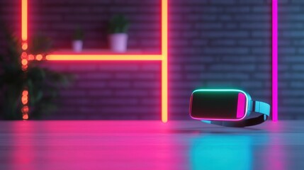 Poster - Vr headset hovering over table in futuristic workspace with neon lights