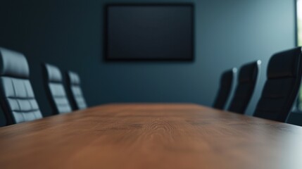 Poster - Empty boardroom table with presentation screen and leather chairs, awaiting meeting