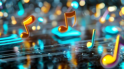 Sticker - abstract music notes, neon glow, 3d render - abstract backgrounds