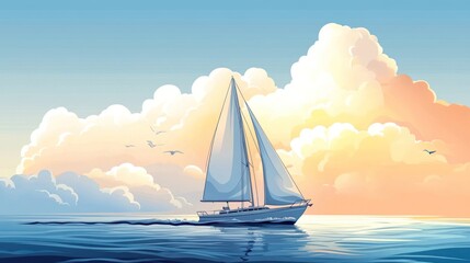 Poster - Sailboat sailing on calm ocean at sunset with fluffy clouds.