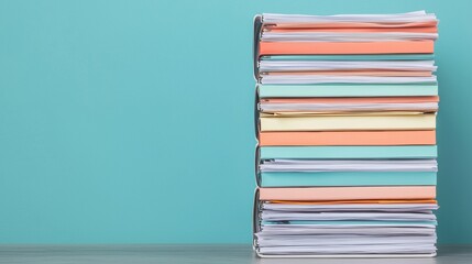 Poster - Stack of colorful ring binders full of paperwork on a table with turquoise background representing organized office work
