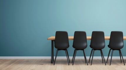 Poster - Modern corporate office interior with wooden table and black chairs promoting teamwork