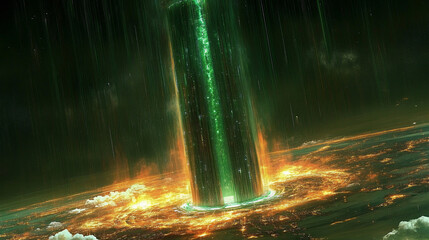 A dynamic digital green stream resembling cascading data in a futuristic cyber-inspired atmosphere.