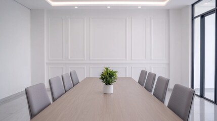 Poster - Long boardroom table with empty chairs in a professional corporate environment