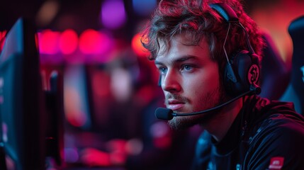 Aufkleber - An eSports competitor intently focuses on the screen, wearing a headset while participating in a tournament surrounded by colorful lights and fellow players.