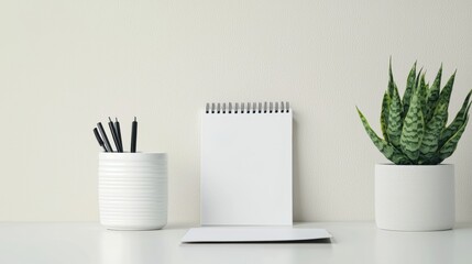 Poster - Minimalist desk setup promoting focused productivity with notepad, pens, and a plant