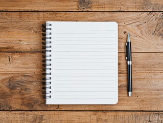 Poster - Open notebook with pen resting on wooden table promoting focus and productivity