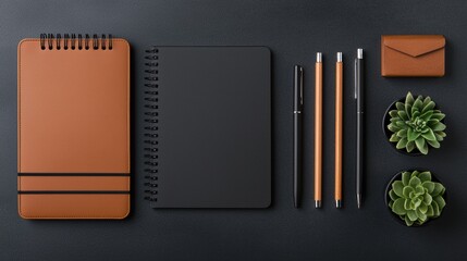 Aufkleber - Minimalist workspace showing notebooks, pens and succulent plants on a dark gray table