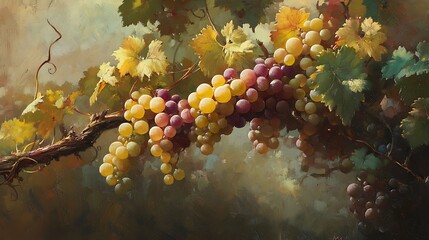 A bunch of grapes on the vine illuminated by the soft light of a cloudy day