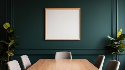Poster - Modern boardroom with empty frame hanging on green wall, ready for business presentation