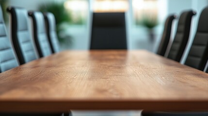 Poster - Modern conference room with empty wooden table and black chairs ready for a corporate meeting