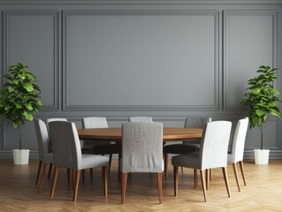 Poster - Modern corporate workspace with round table promoting teamwork and brainstorming