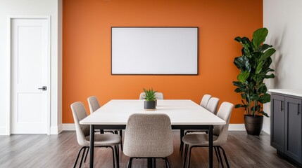 Poster - Modern meeting room with orange wall and blank frame