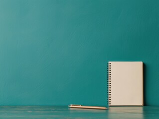 Poster - Open notebook with pen on wooden desk against turquoise wall