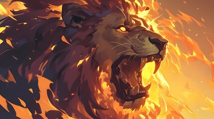  Roaring lion surrounded by glowing flames for fantasy art design
